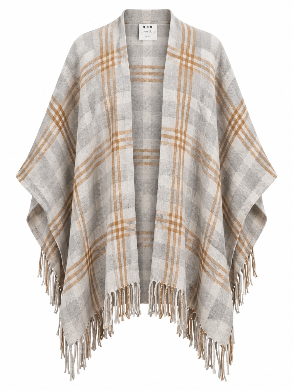 THREE DOTS | Plaid Fringe Ruana Shawl Poncho Cashmere Wool Blend | One Size OS
